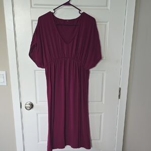 Red Midi Sundress with V-Neck and Dolman Sleeves